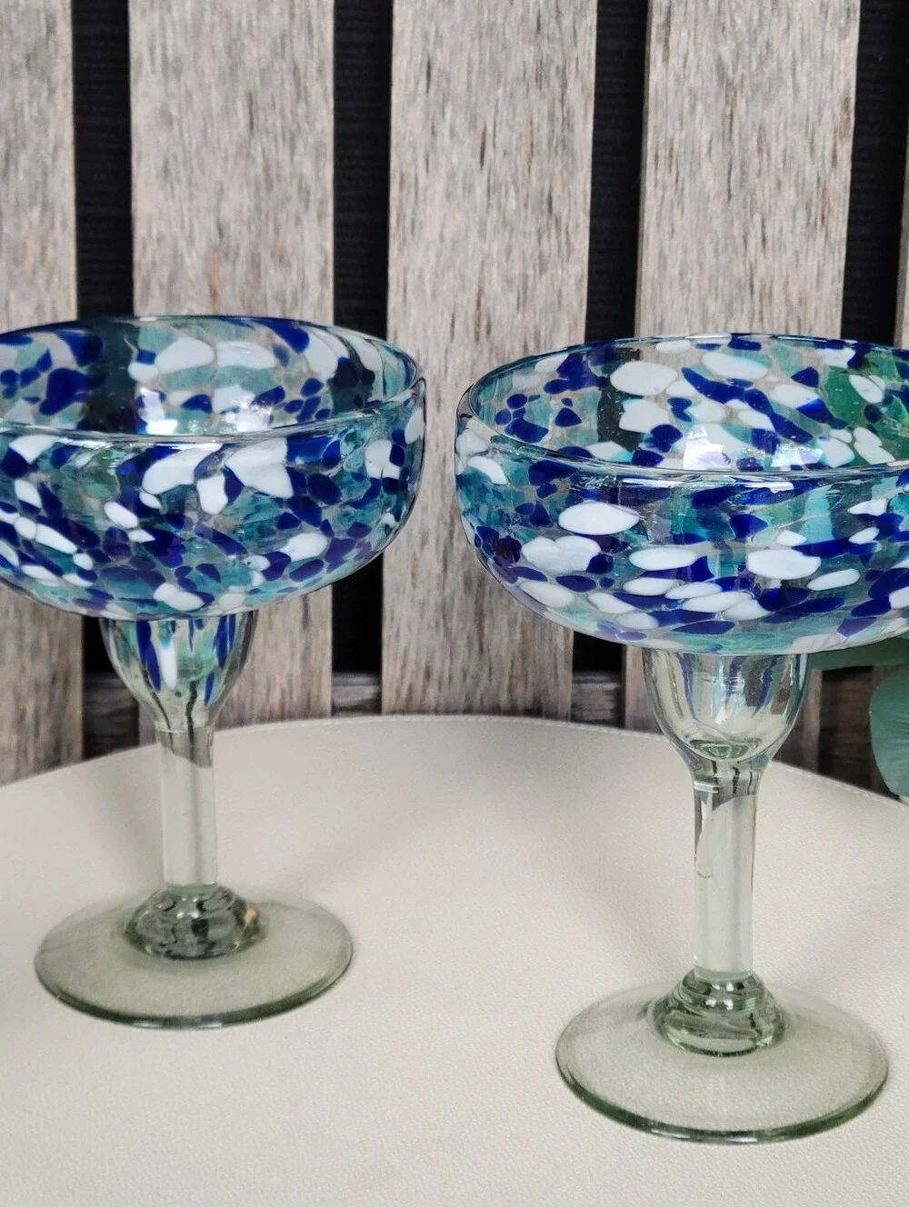 Handblown Mexican Margarita Stemware Vibrant Blue Confetti Set Of 2
